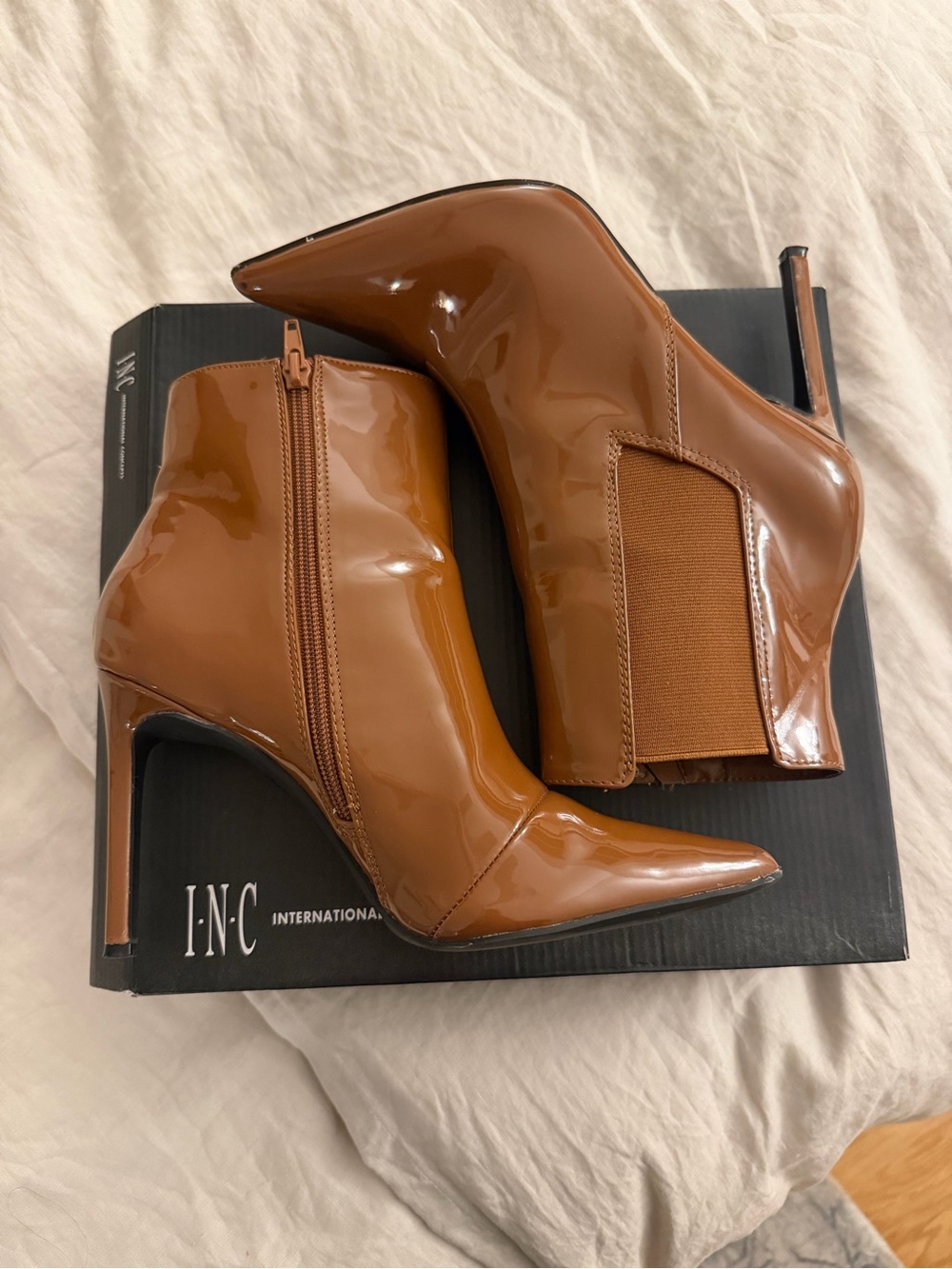 INC International Concepts Cognac Patent Pointed-Toe Stiletto Ankle Boots